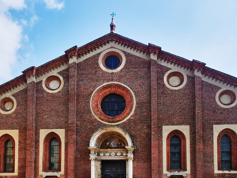 Front facade of the Santa Maria delle Grazie church built between 1463 and 1497, which houses Leonardo da Vinci's famous mural, The Last Supper, Milan, Italy, Europe 