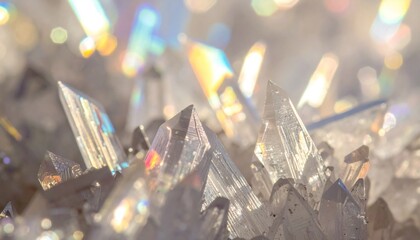 Naklejka premium Macro photograph of sparkling quartz crystals with rainbow light refractions, capturing the raw beauty of geological formations and natural energy