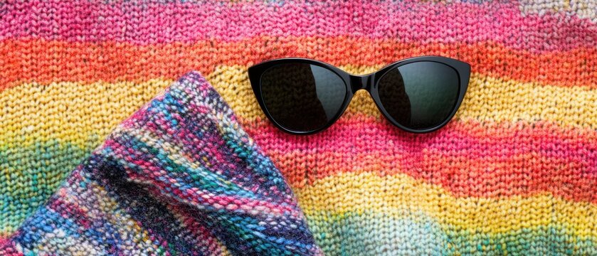 Colorful knitted fabric and sunglasses fashion accessory still life photography