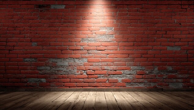 Spotlight on a Textured Brick Wall and Wooden Floor.