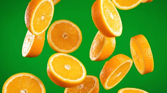 Many orange slices falling downwards on green screen