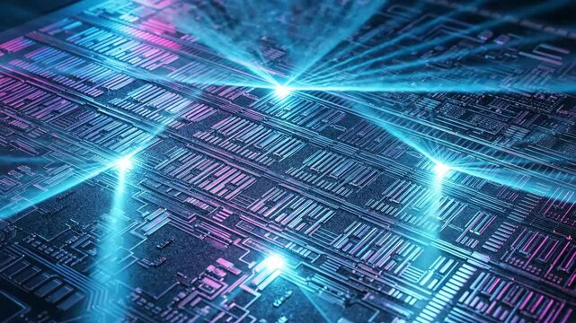 Cinematic macro shot of a futuristic cyberpunk circuit board activating with glowing blue holographic data beams and neon pink lighting
