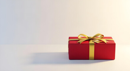 Fototapeta premium A red gift box with a gold ribbon sits on a white surface.