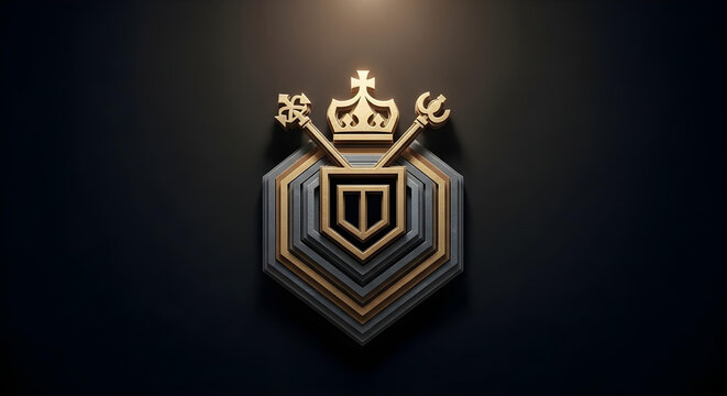 Elegant golden royal crest featuring a crown and crossed scepters on shield