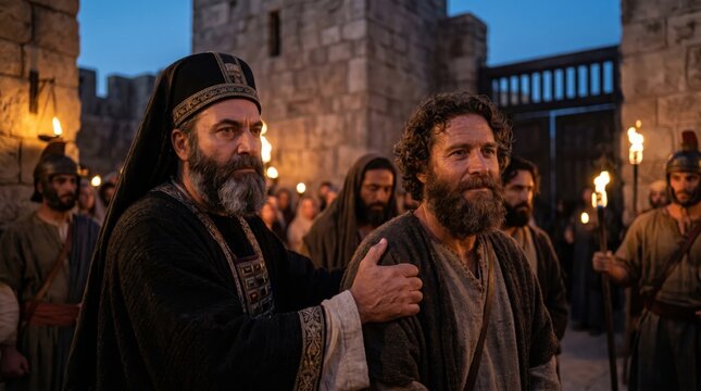 Apostle Peter confronting a high priest in ancient Jerusalem. Men in biblical robes standing before religious leaders and soldiers. Historical drama scene representing faith and conviction.