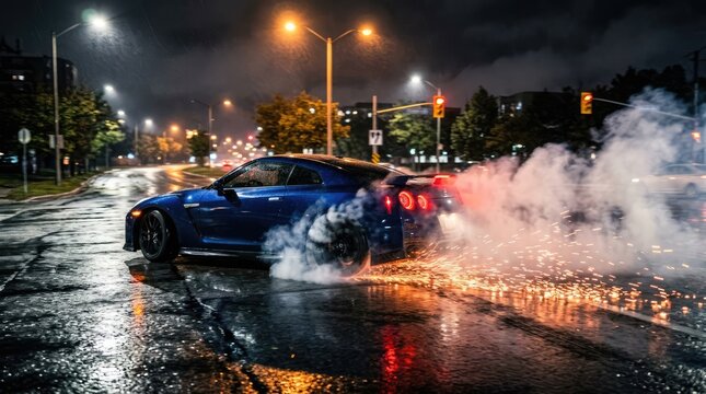 Blue sports car performing a burnout on a wet city street at night, with sparks flying