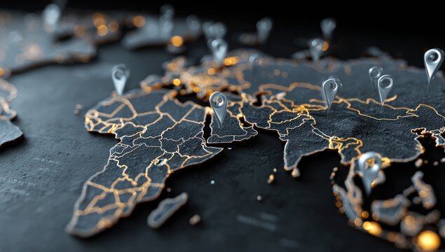 Global Map with Glowing Borders and Location Pins.