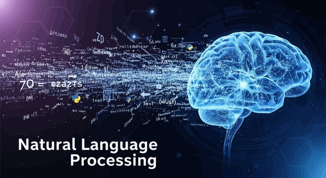 Neural network, brain, natural language processing, AI, futuristic, glowing blue, circuit board