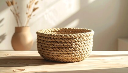 Fototapeta premium Woven wicker basket on a wooden table interior decor with vase and dried flowers natural light and shadow minimalis