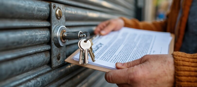 Hands locking shop door with keys and holding policy folder