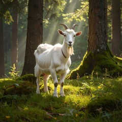 Obraz premium A white goat stands in a forest clearing