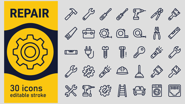 Collection of line icons for repair and maintenance services including tools and equipment  repair icons set