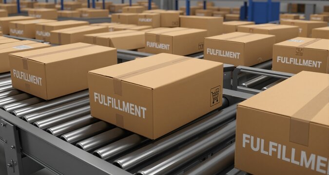 Many cartons with FULFILLMENT text move on roller conveyor. E-commerce logistics related loopable 3D animation
