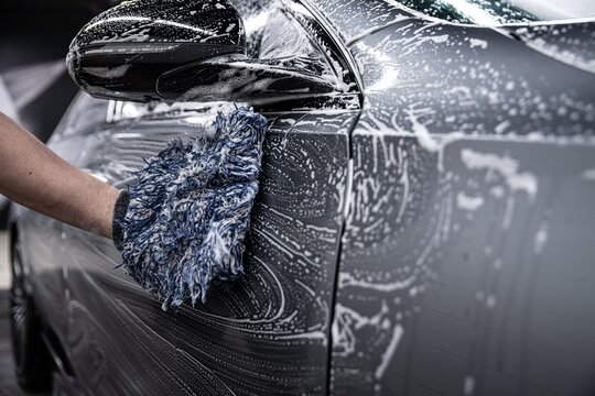 Close up of a professional detailer applying ceramic coating to a green car surface near the headlight. The process enhances gloss protects the paint and creates a durable hydrophobic layer
