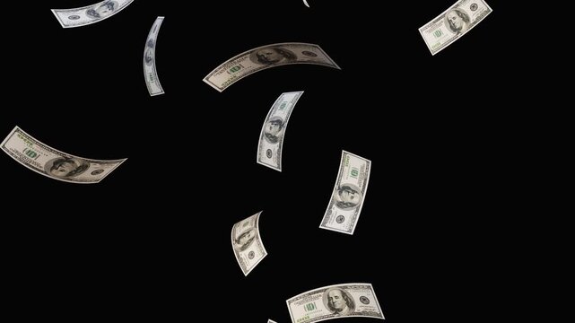  Money falling down animation. 3d dollars bills rain loop One hundred dollar, Banknotes Money Flying, United States dollars falling transparent alpha channel 4k video., Dollar rains from the sky.
