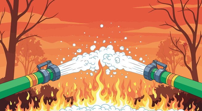 Firefighters spray water from hoses to extinguish blazing forest wildfire in countryside.