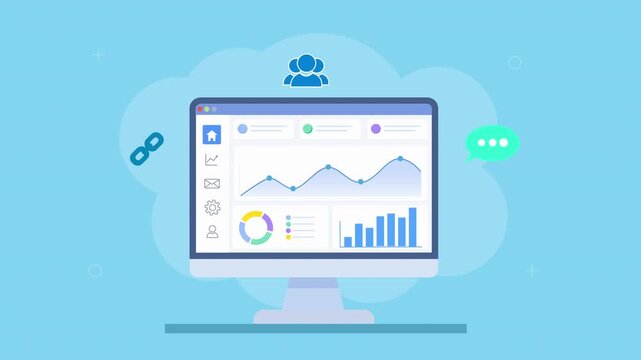 Looping flat animation of a cloud analytics dashboard with charts, link and chat icons, representing connectivity, communication, and real time data interaction.