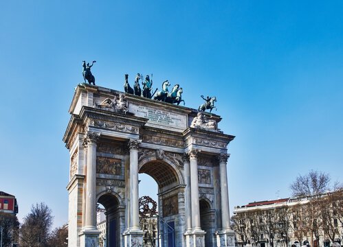 Arco della Pace (Arch of Peace) landmark, a 19th-century neoclassical triumphal arch located in Piazza Sempione near Parco Sempione, Milan, Italy, Europe 