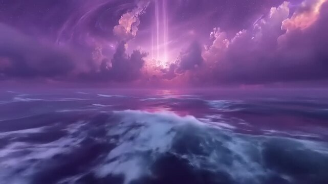 Dramatic violet seascape under stormy celestial phenomenon