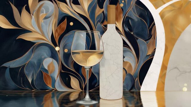 White wine bottle with glass placed on reflection table. Marble texture set against abstract floral pattern background. Luxury beverage branding design concept.