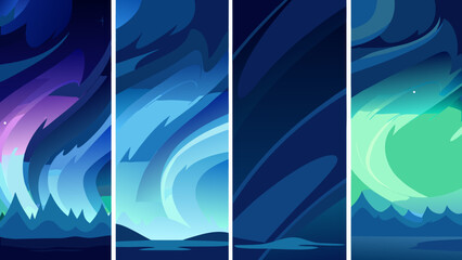 Abstract vertical panels showcase swirling colorful aurora borealis scenes with mountainous landscapes © Sanjay