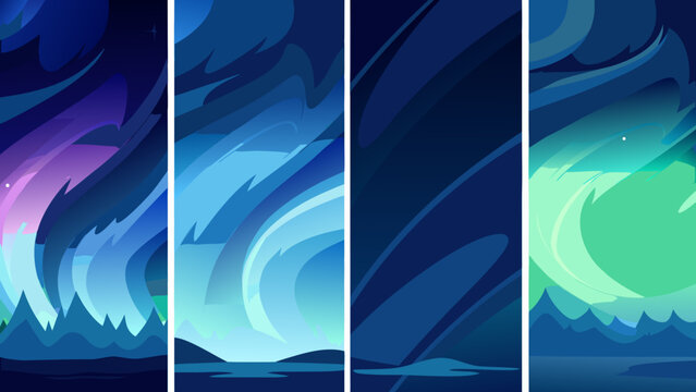 Abstract vertical panels showcase swirling colorful aurora borealis scenes with mountainous landscapes