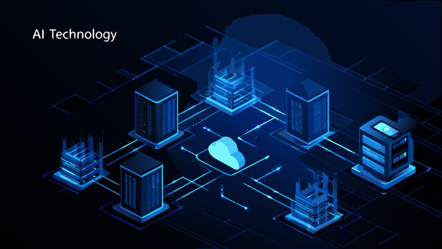 An isometric illustration depicts ai technology with server stacks and networking connections