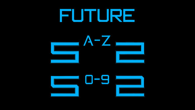 A digital display showcases the word future and alphanumeric segments a z and 0 9