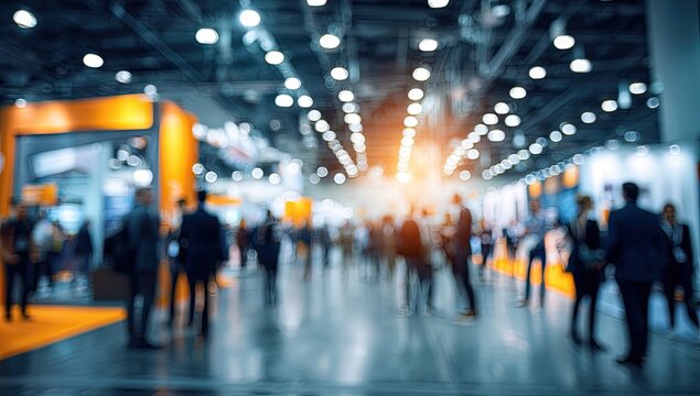 Blurred image of a busy trade show exhibition hall with many people walking around.