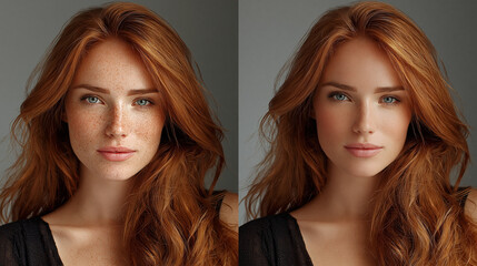 Fototapeta premium The Transformation: A portrait before and after, showcasing the subtle yet impactful enhancements in skin tone, revealing an immaculate complexion, and boosting the natural beauty of the young woman.