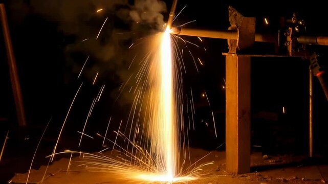 Industrial sparks flying from metal cutting process in workshop.