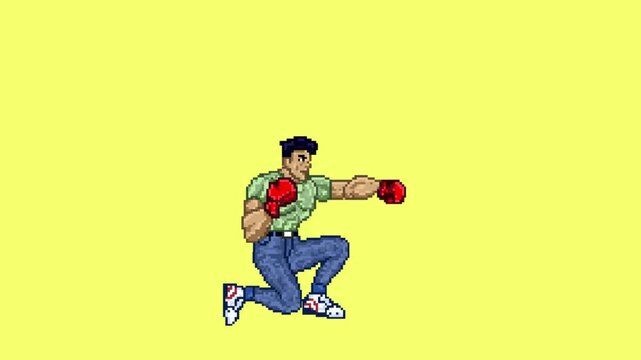 Pixel art animation of an old fighting game with a man wearing boxing gloves crouching and punching on a yellow background, art, vintage, pixel.