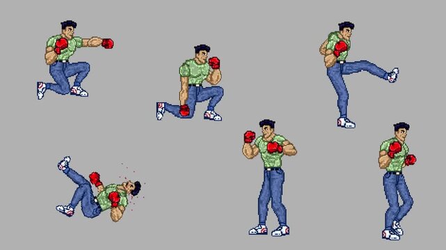 Pixel art animation of an old fighting game of a male character wearing boxing gloves moving in different poses with a gray background, art, vintage, pixel.