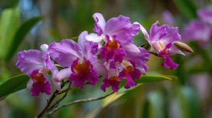 Obraz premium Branch of purple and white orchids with orange centers and green leaves flower