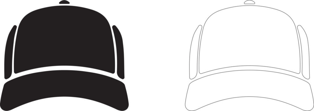 Baseball cap front view, sports and fashion headwear symbol, vector icon in two styles: glyph and outline.