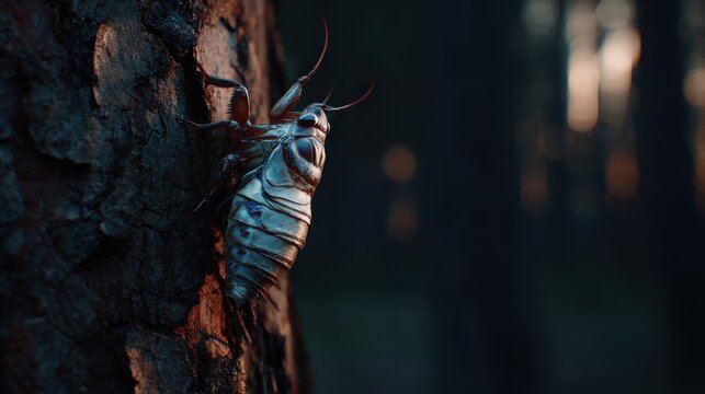 Cicada emerging from its nymphal shell attached to rough tree bark in natural outdoor setting