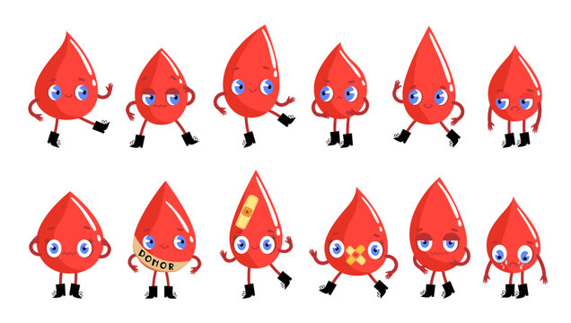 Large set of blue eyed blood drop characters with different poses and emotions for social media stickers and donor day hand drawn illustration isolated on white
