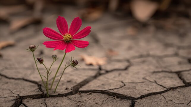 Vibrant Crimson Flower Pushing Through Cracked Earth, Symbolizing Resilience and Hope in Nature