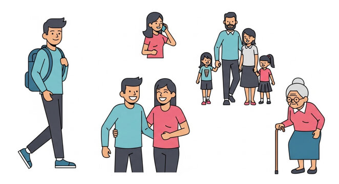 Diverse group of people in different poses and ages.