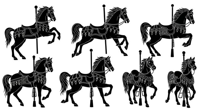Carousel Horses Silhouette Collection, Vintage Amusement Park Ride
