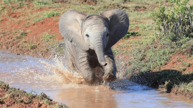 Young elephant calf joyfully splashing water and mud while running through a muddy puddle in a grassy savanna setting