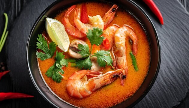 spicy tom yum goong soup overhead close up in black bowl thai cuisine shrimp chili thai food tom yum goong