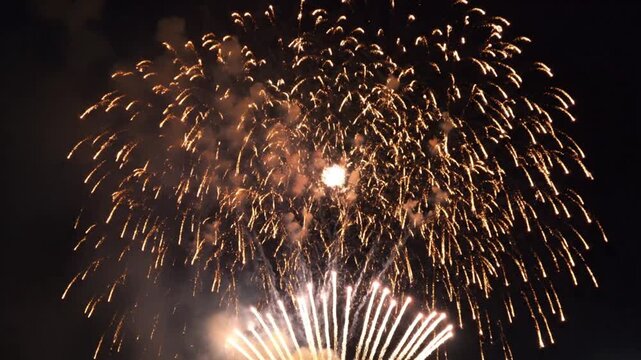 Golden fireworks exploding in the dark night sky