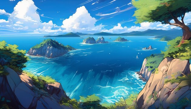 bright anime landscape islands dot sparkling blue waters from a rocky cliff vantage point