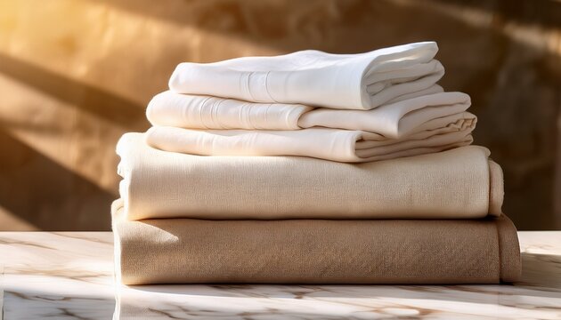 a neatly stacked pile of folded beige and off white linens sits on a marble surface softly lit with warm sunlight and framed by a blurred brown background