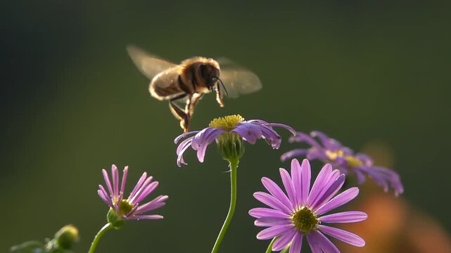 Bee, Flying on Flower. closeup view. Slow-motion. purple violet daisy flowers
