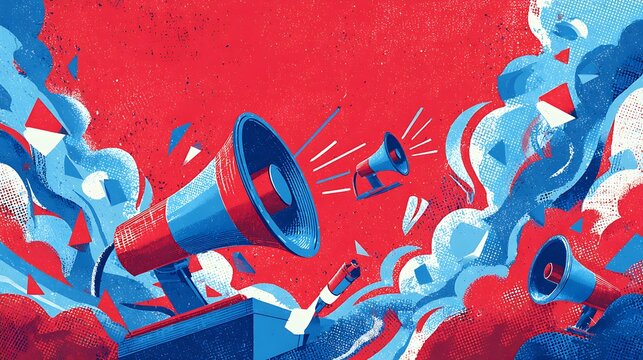 Bright Red Blue Megaphone Illustration Dynamic Loudspeakers in Clouds