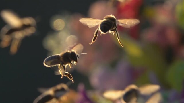 Bees, honeybees flying arround flowers in sunlight.
