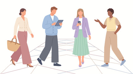 Obraz premium Diverse Business People Four Connected Network Grid Walking Casual Pastel Flat Vector Illustration