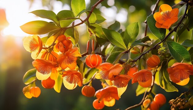 bright orange flowers and fruits dangle on branches bathed in golden sunlight with green leaves